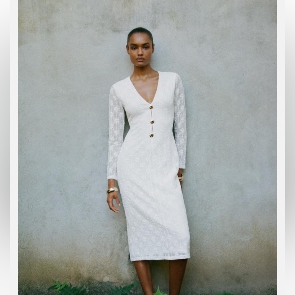 Zara NWT white crochet lace midi dress V neck long sleeve lined size Large